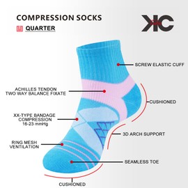 KC-TAHO Compression Quarter Socks 4 Pairs for Men and Women 16-23 mmHg with Cotton Cushioned Achilles Tendonitis