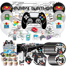 Video Game Party Supplies,181 Video Gamer Birthday Party Decorations Includes Tableware, Dinner Plates, Cups, Napkins, Table Cover, backdrop,balloon.Gamer Birthday Party for Boys.