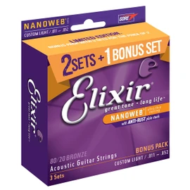 Elixir Strings 16538 80/20 Bronze Acoustic Guitar Strings with Nanoweb Coating, Set of 3 Pieces