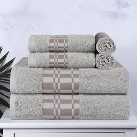 Superior 6-Piece Cotton Towel Set, Geometric Design, Dobby Border, Plush Quick Dry Towels, Decorative Bathroom, Spa, Includes 2 Bath, 2 Hand, 2 Face Towels/Washcloth, Larissa Collection, Chrome