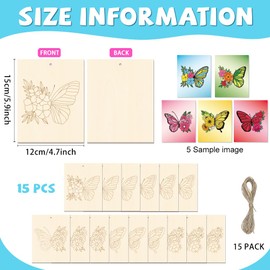 GLASSWINDS 15 Pcs Unfinished Wood Crafts to Paint for Adults, 5.9x4.7 Inch Butterfly Paintable Wood Slices Craft Supplies with Ropes, Bulk Predrilled Wooden Ornaments for DIY Painting Craft Decor