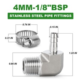 TAISHER 1PCS 304 Stainless Steel 90 Degree Elbow Hose Barb Fittings 4mm Barb x 1/8" BSP Male for Fuel/AIR/Lquid/Gas with 1PCS Hose Clamp