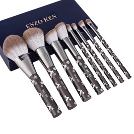 Natural goat hair make-up brush set with cosmetic bag by Luxury ENZO KEN, 10 pieces extra soft hair eyeshadow brush set for face, eyes, snowflake reindeer Christmas gift set.