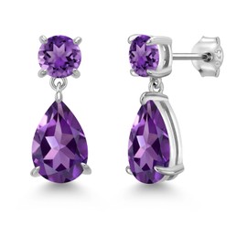Gem Stone King 925 Sterling Silver Purple Amethyst Teardrop Dangle Drop Earrings For Women (7.30 Cttw, Gemstone Birthstone, Pear Shape 12x8MM, Round 6MM)