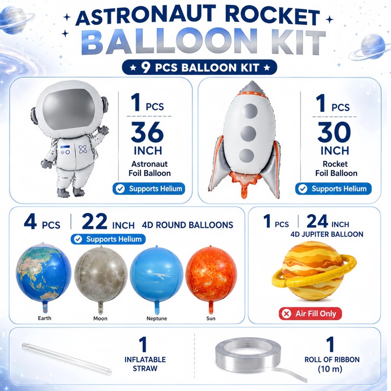7Pcs Astronaut Rocket Balloons/Outer Space Birthday Party Decor with 4D