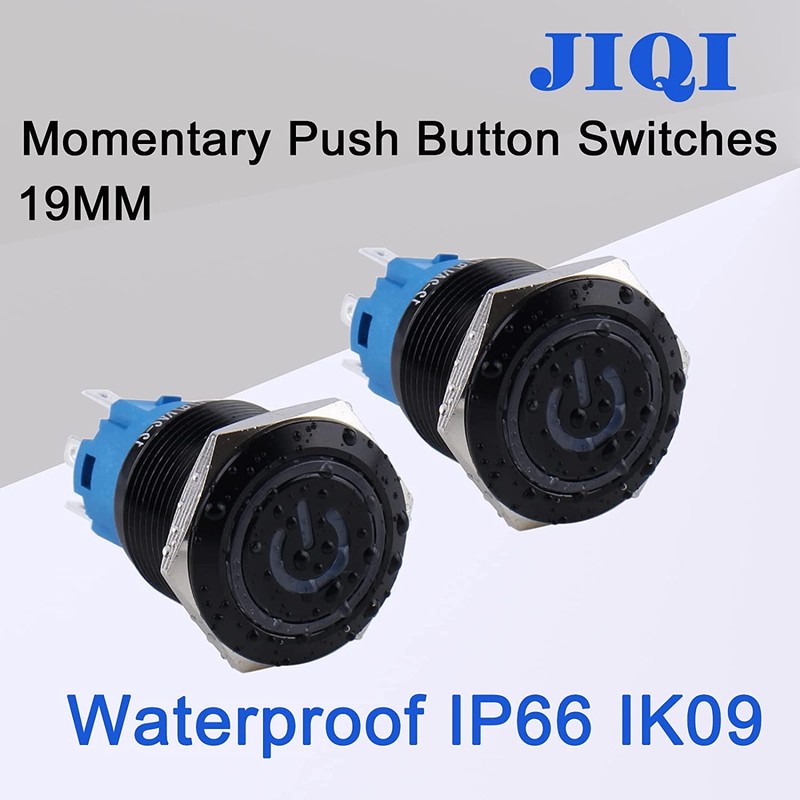 JIQI 19mm 2Pcs Waterproof 12V-24V Momentary Push Button Switch 1NO
