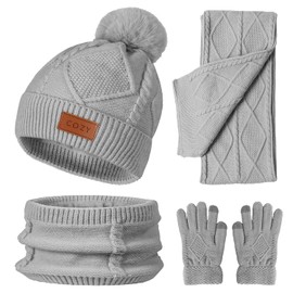 4 Pieces Winter Hat Scarf Glove Set for Women,Fleece Lined Beanie with Pom Pom,Touchscreen Gloves Knit Scarf for Cold Weather (4pcs adult grey)
