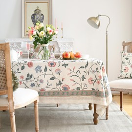 ISAENNE French Tablecloth for Rectangle Tables,Linen Table Cloth with Pink Flowers and Leavs Pattern,Heavy Durable Table Cover for Dining Thanksgiving Kitchen Decor Party Christmas,63"*94"