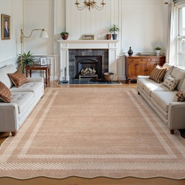 Lahome Scalloped 9x12 Area Rugs for Living Room Bedroom, Soft Washable Rugs 9x12 Ultra-Thin Non-Slip, Modern Dining Room Rug Non-Shedding Accent Carpet for Nursery Office, Mauve/Pink