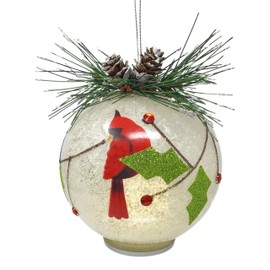 Cardinal Christmas Ornament - Lighted Ball Xmas Decoration - Snow & Holly Accents with Greenery & Pinecones - 4" Diameter