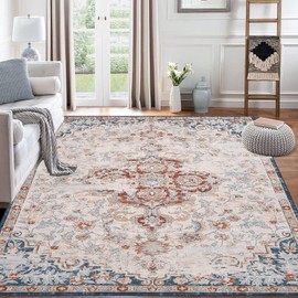 Fashionwu Area Rug 4x6 Floral Bordered Print Floor Cover for Living Room Washable Rug with Anti-Slip Backing Large Area Rug for Bedroom Rug for Living Room Area Rug, Vintage Gem Print, Beige