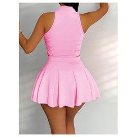 RoseSeek Women's 2 Piece Tennis Skirt Set Sleeveless Racerback Crop Tank Tops High Waisted Pleated Mini Skirt Outfits Pink Medium