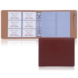 MT's SHOP OF402 Business Card Holder, Binder, PU Leather, Ring File, 6 Holes, Card Pockets, 6 Sides, Holds 360 Cards, Built-in Pen Holder, Brown