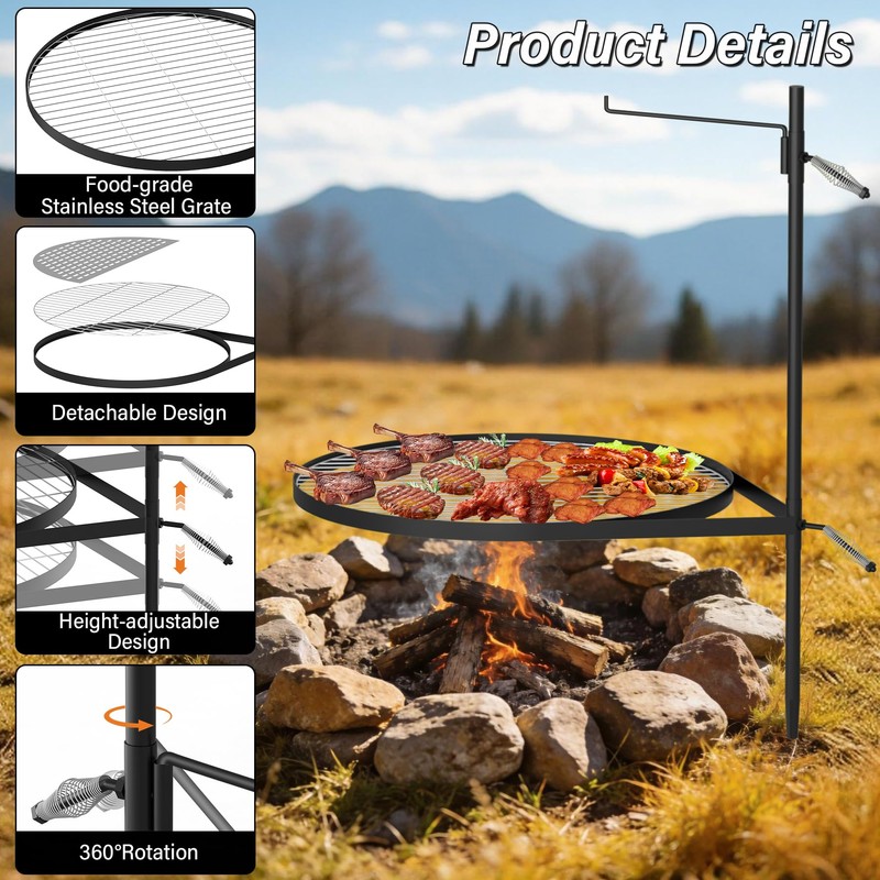 24" Fire Pit Grill w/304 Stainless Steel Grate, Portable Carry