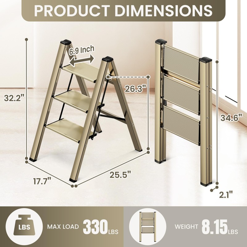 GameGem 3 Step Ladder, Aluminum Folding Step Stool with Anti-Slip