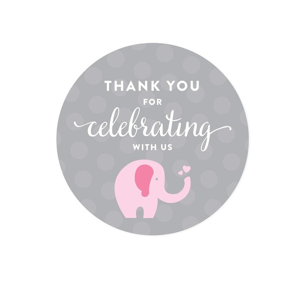 Andaz Press Pink Girl Elephant Baby Shower Collection, Round Circle Label Stickers, Thank You for Celebrating with US!, 40-Pack