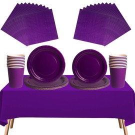 69pcs Purple Disposable Tableware Set - 20 Napkins, 16 Cups, 16pcs 7inch and 9inch Plates, 1pcs Purple Tablecloths | Biodegradable Dinnerware for Birthdays, Weddings, Kids Adult Christmas Party