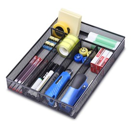 WuGeShop Organizador de cajones de computadora de oficina, 5 compartimentos, bandeja organizadora de cajones de malla para almacenamiento de suministros de arte, papelería, color negro