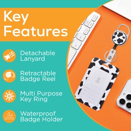 Will Well ID Badge Holder with Retractable Lanyard, Retractable Badge Reel Nylon Lanyard & Vertical ID Card Holder with 1 Card Slot Key Chain for Men & Women - Cow Print