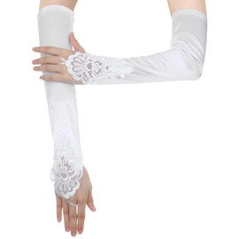 Xinjoduz 2 PCS White Long Fingerless Gloves Arm Gloves for Women Vintage Style Long Glove Fancy Dress White Arm Opera Party 20s Satin 1920s Women Stretchy for Bridal Wedding Party