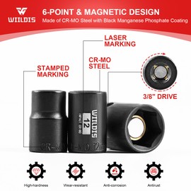 WIILDIS 14 Pieces 3/8"Drive Magnetic Socket Set, Shallow, 6-Point, Metric, 7mm to 19mm, CR-MO, Includes Drill Bit Adapter