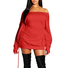 GOKATOSAU Women's Sexy Casual Off Shoulder Long Sleeve Lace Up Loose Club Mini Dress Red