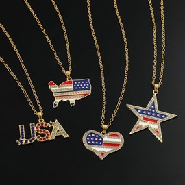 4th of July Necklace Patriotic Rhinestone Red White Blue American USA Flag Pendant Necklace Independence Day Jewelry for Memorial Day Accessories (USA)