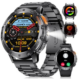 LIGE Smartwatch Herren LED-Taschenlampe,1.43‘’ AMOLED Touchscreen,530mah Armbanduhr Herren mit 120+ Sportmodi Aktivitätstracker 5ATM Wasserdicht,Herzfrequenz/Blutdruck/Schlafmonitor,2 Bänder