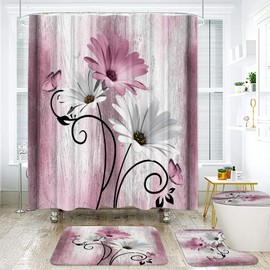 Onalasyc 4PCS Pink Daisy Flowers Butterfly Shower Curtain Set with Shower Curtain and Carpet and Accessories, Waterproof Bathroom Shower Curtain Decorative Set with 12 pcs Hooks,71 x 71in
