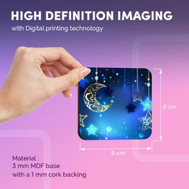 Destination Vinyl ltd Great Coasters (Set of 4) Square - Blue Moon Stars Space Vintage Drink Glossy Coasters/Tabletop Protection for Any Table Type #16502