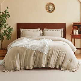 MR&HM Ruffle Comforter Set, Queen Bedding Set 7 Pieces Linen, Farmhouse Shabby Chic Bed Comforter Set, Boho Bed in a Bag with 1 Comforter, 1 Flat Sheet, 1 Fitted Sheet, 2 Pillowcases & 2 Pillow Shams