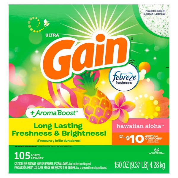 Gain Powder Laundry Detergent for Regular and HE Washers, Hawaiian Aloha Scent, 150 ounces, 105 loads