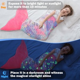 Catalonia Classy Glow in The Dark Mermaid Tail Blanket, Soft Warm Plush Fleece Sleeping Bag, Cuddly Blanket, 155 x 50 cm, Fish Scale Pattern, Starry Sky