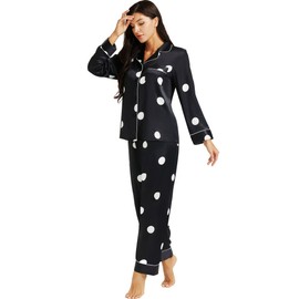 LONXU Womens Satin Pajamas Set Classical Black 2XL