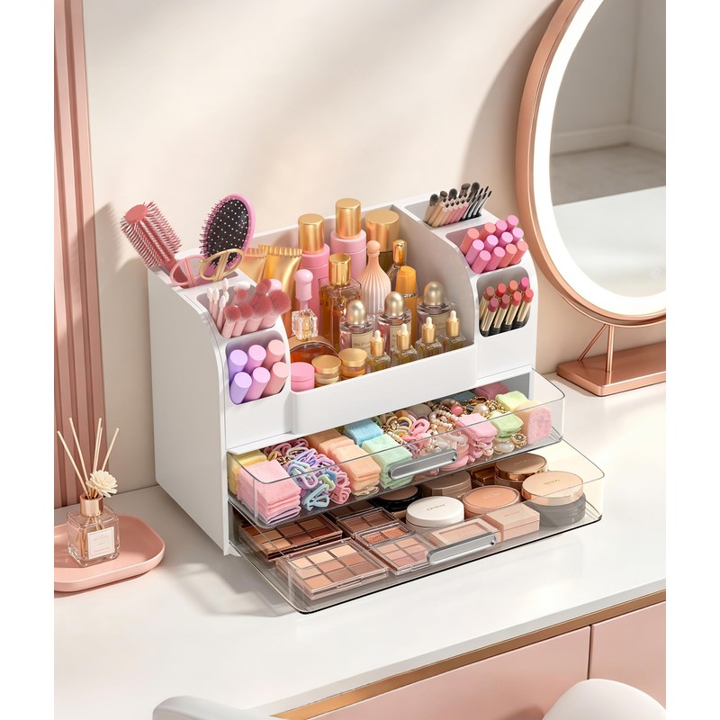 Makeup Organizer for Vanity,Countertop Cosmetic Organizer with 2 Clear Drawers