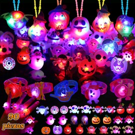 90 Piezas Juguetes Luminosos,Decoración Halloween Incluyendo Anillos, Pulsera, Collar, Broche, Recuerdos De Fiesta De Halloween Y Regalos De Conciertos Para Niños Y Adultos.