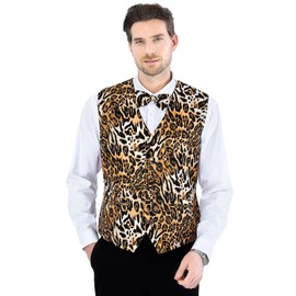 Fashonal Leopard Print Vest Men Party Animal Print Waistcoat Vest & Bow Tie, Leopard, Size L