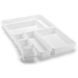 Masirs Interlocking Drawer Organizer Bins - Durable Plastic, Various Sizes for Custom Layout Design. Great for Desk Drawer, Tool Box or Garage Organization. (White | 8-Piece Set)