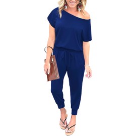 KAY SINN - overol de verano con hombros descubiertos para mujer con bolsillos, cintura elástica casual, Azul Real, XXL
