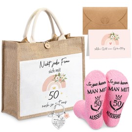 Xuniea Birthday Gift for Women Included Jute Carry Bag Socks Keyring Birthday Cards Envelope Funny Gift Ideas for Women, As shown in the picture, 50th birthday