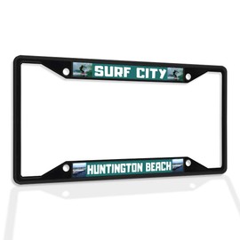 Fastasticdeals Metal Insert License Plate Frame Surf City Huntington Beach B Weatherproof Car Accessories Black 4 Holes Solid Insert