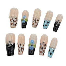 LOHAS Home 3D Carved & Painted Handcrafted Cute Wearable Nails Reusable Long Press-on Nails, Serene Blue Island