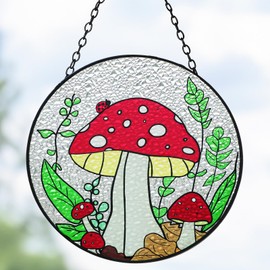 Marwey Red Mushroom Decor Stained Glass Window Hanging Suncatchers cottagecore Decor 70s Decorations Handcrafted Sun Catchers Indoor Window Mushroom Gifts for Plant Lover Come with Metal Chain