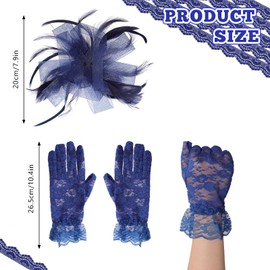 Gvhntk 5Pcs Fascinator Hat for Womens Headpiece Tea Party with Pearl Lace Gloves Set 20s Vintage Hair Accessories for Wedding (Polyester, Navy Blue)