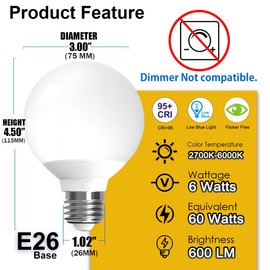 ILC G25 LED Globe Light Bulbs Work with Alexa, 6W, 60W Equivatlent, Color Temprature Turnable: 2700K-6000K, CRI>95+, E26 Base, 120V for Vanity Makeup Mirror, Bathroom (6 Pack)