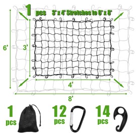 WSSROGY 3' x 4' Cargo Net Stretches to 6' x 8', Heavy Duty Cargo Netting for Pickup Truck Bed, Roof Rack Net with Hooks Carabiners