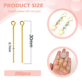 TOAOB 200pcs Head Pins Brass Plated with 24K Gold 30mm Head Pins Findings 22 Gauge Eye Head Pins for DIY Crafts Necklaces Bracelets Earrings Jewelry Making