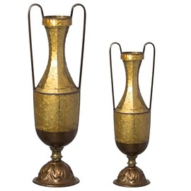Set of 2 Antique Style Metal Jug Floor Vase with 2 Handles - Vintage Inspired Rustic Design for Entryway, Living Room, or Dining Room - Tall Elegant Home Decor Accent - Classic Metal Vase