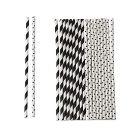 ECOFIESTA 480 x Paper Straws, 20 cm, Diameter 0.6 cm, Black/White Patterned, Biodegradable Paper Straws, Sustainable Forestry
