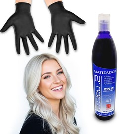 Shampoo matizador plata Le Bleu morado neutraliza tonos amarillos y naranjas en cabello rubio, platinado, beige, o canoso, sin sal, sin parabenos, con protección UV + Guantes de Aplicacion ALFAMAR